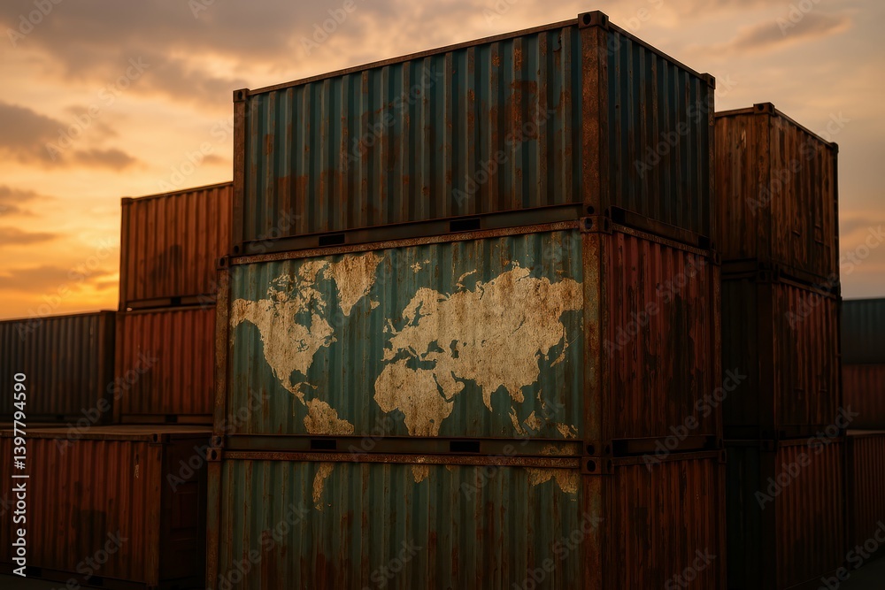 Fototapeta premium Rustic Sunset Over Stacked Shipping Containers with World Map