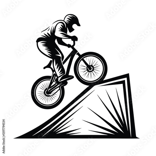 Silhouette BMX Rider Jumping Ramp, Extreme Sport Stunt, Black and White