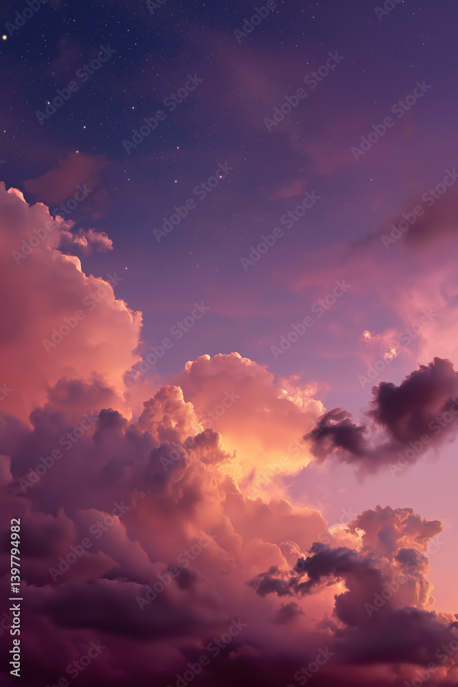 dramatic twilight sky with glowing pink and purple clouds and stars atmospheric dreamy background perfect for nature prints fantasy art and celestial themed projects