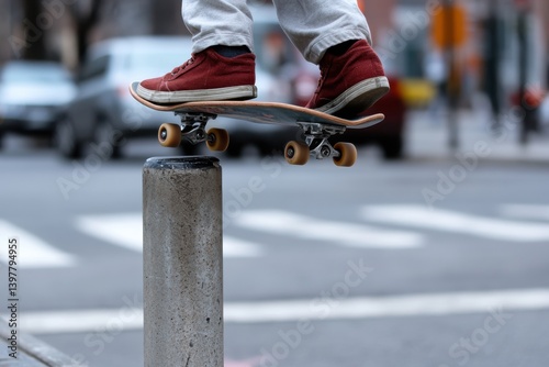 A skilled skateboarder executing a trick while balancing above a street post, capturing the essence of urban sports and the thrill of skating in the city setting.