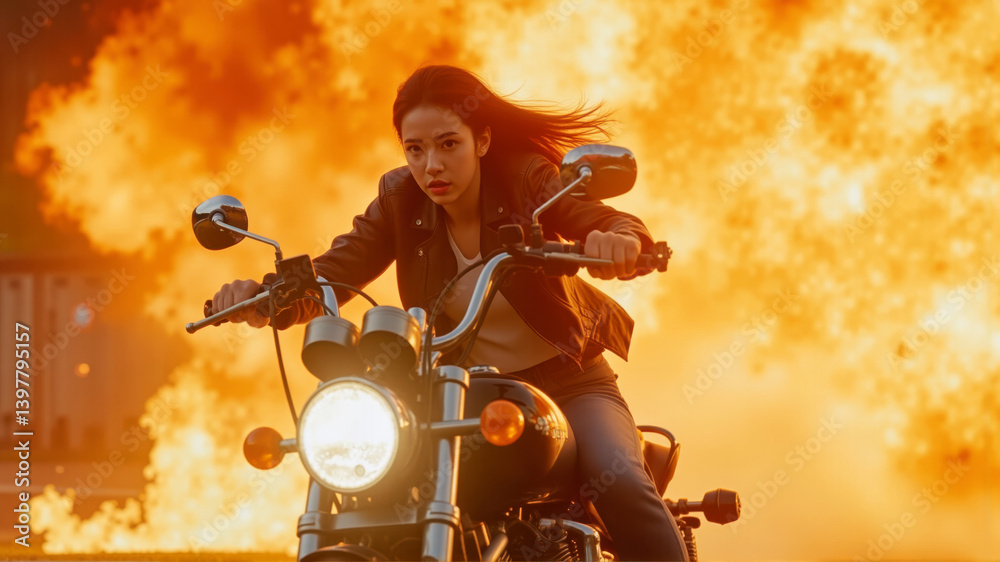 Fearless woman escaping explosion on motorcycle in intense action scene with flames