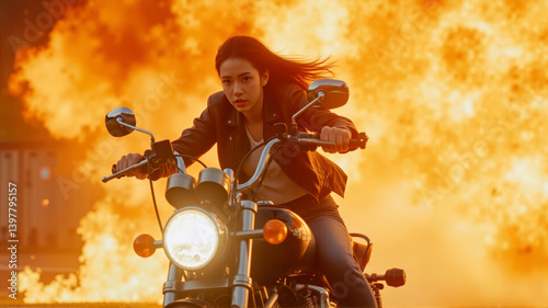 Obraz na płótnie Fearless woman escaping explosion on motorcycle in intense action scene with flames w salonie