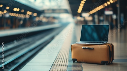 Laptop on yellow suitcase at train station  