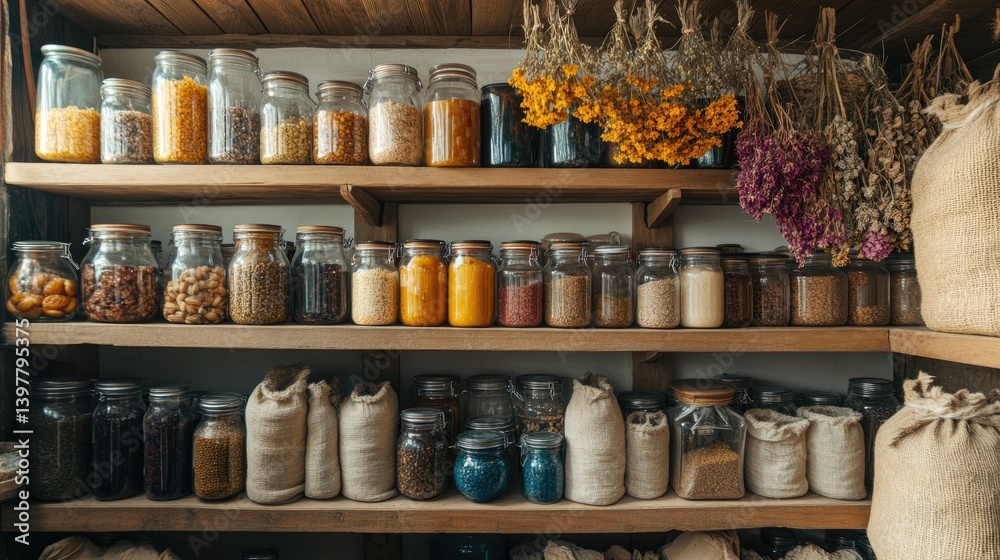 Colorful jars filled with ingredients line rustic wooden shelves Colorful jars filled with ingredients line rustic wooden shelves