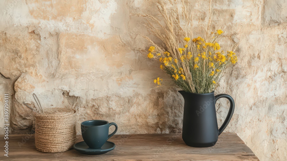 Yellow Wildflowers Black Pitcher Blue Cup Rustic Still Life