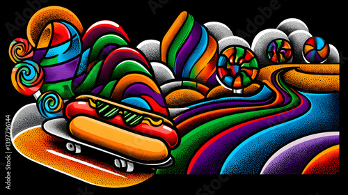 Vibrant Cartoon Hot Dog and Candy Landscape photo