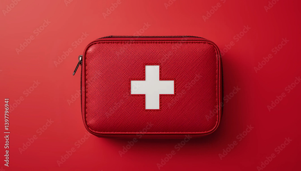 Obraz premium A red first aid kit featuring white cross, symbolizing emergency preparedness and healthcare essentials, isolated on red background. Conveying safety, readiness, and health