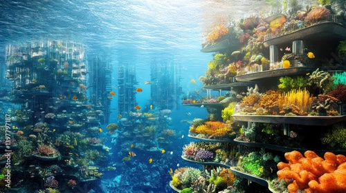 Vibrant underwater ecosystem with architectural structures fostering marine life harmony