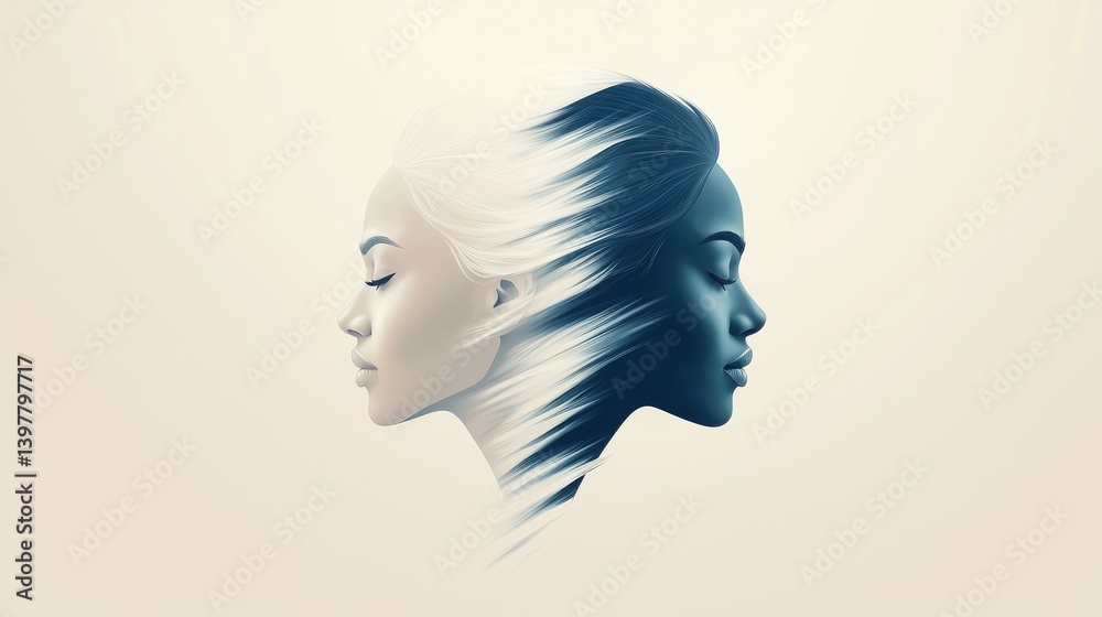 Fototapeta premium Two stylized profiles face each other, blending into flowing hair, creating a harmonious contrast of light and dark.