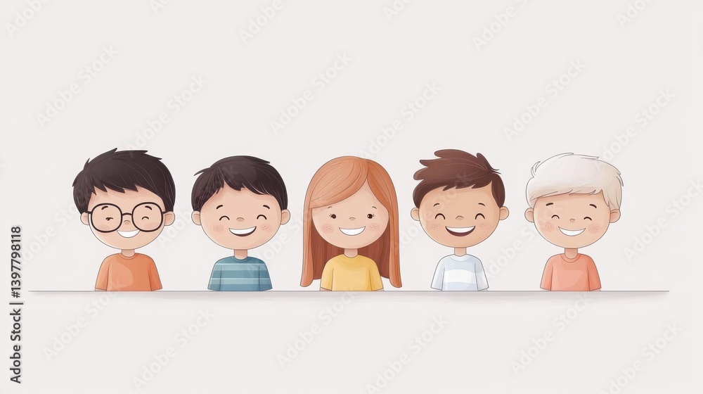 A cheerful illustration of five cartoon children with diverse hairstyles and expressions, representing friendship and joy. A cheerful illustration of five cartoon children with diverse hairstyles and expressions, representing friendship and joy.