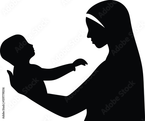 Silhouette of veiled woman tenderly holding baby on white background design