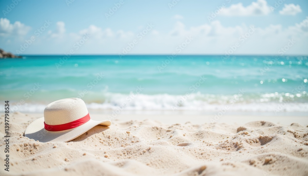 Beach hat on sand, ocean view Beach hat on sand, ocean view