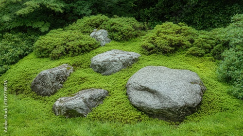 Obraz na płótnie Zen Garden With Mossy Rocks and Green Foliage Ground Cover in Tranquil Natural Setting Outdoor Landscaping With Calmness w salonie