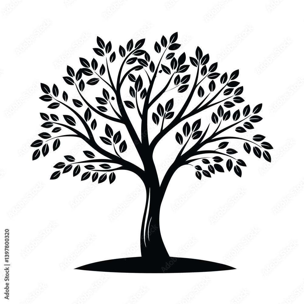 Obraz premium Silhouette Tree Black Tree with Lush Leaves, Isolated on White Backdrop