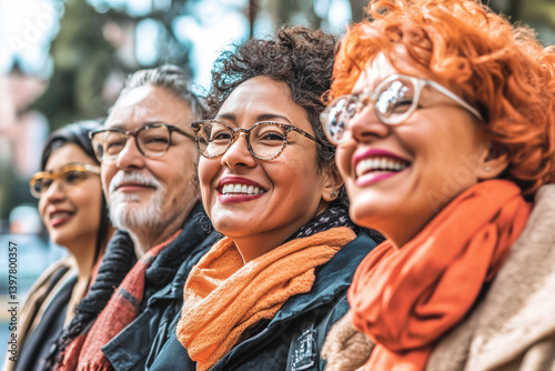 Four people wearing glasses and colorful scarves smile brightly while enjoying a sunny day outdoors.







