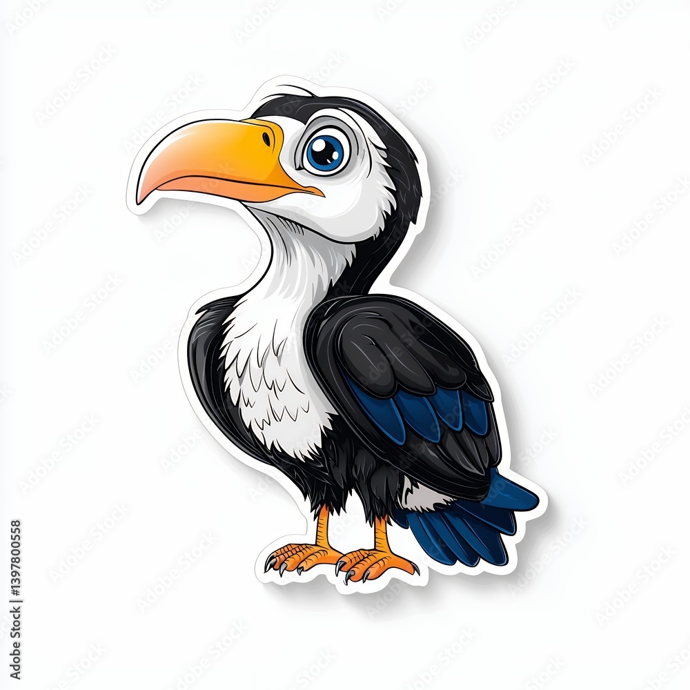 Obraz premium Cartoon Toucan Illustration Black, White, and Blue Bird with Orange Beak