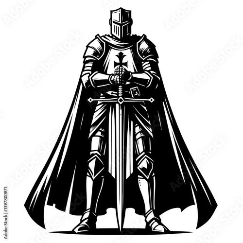 A Silhoulette medieval knight warrior in a full-body front view, standing tall with both hands resting on the hilt of a large sword planted into the ground.ai