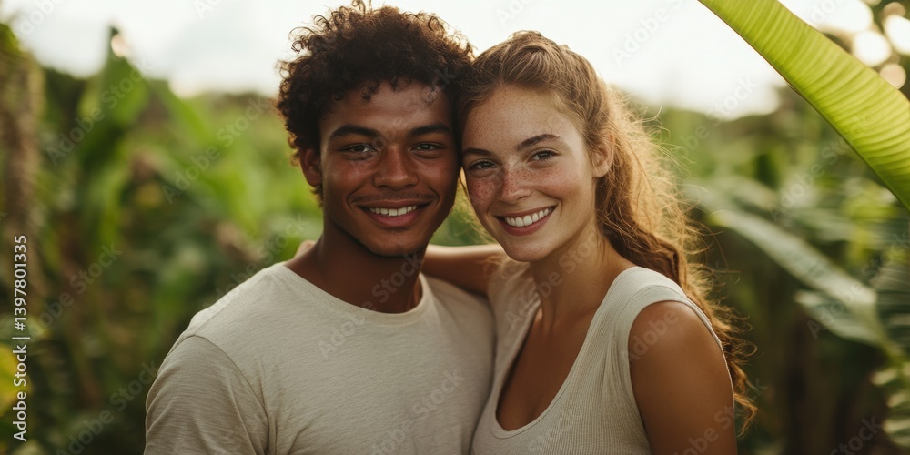 Fototapeta premium Jungle smiles! A young couple radiates joy amidst vibrant greenery. A perfect moment captured in paradise