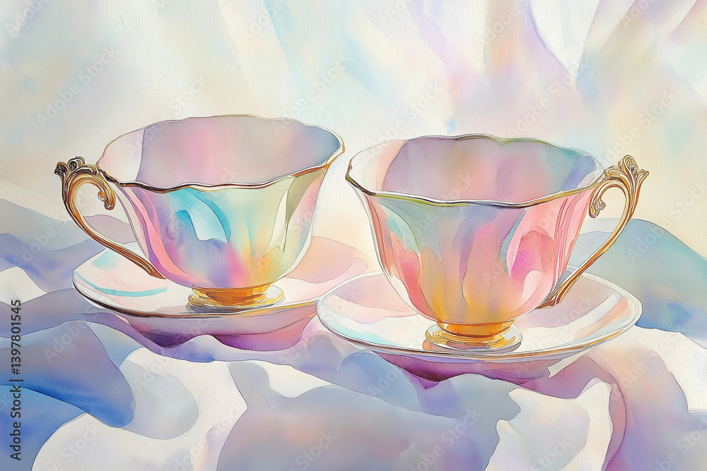 watercolor style pastel teacups with golden twisted handles on soft artistic background
