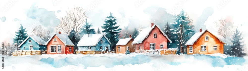 Fototapeta premium A serene winter scene featuring colorful houses blanketed in snow, surrounded by tall trees, evoking a cozy, peaceful atmosphere.