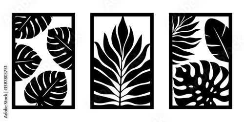 Tropical leaves wall art set.  Laser cut template. Wall art vector illustration.