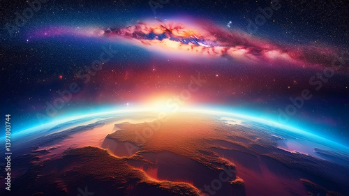 Landscape with Milky way galaxy. Sunrise and Earth view from space with Milky way galaxy.