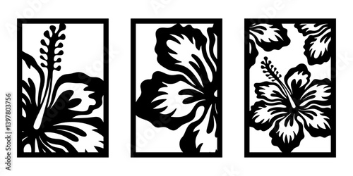 Tropical leaves wall art set.  Laser cut template. Wall art vector illustration.