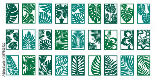 Tropical leaves wall art set.  Laser cut template. Wall art vector illustration.