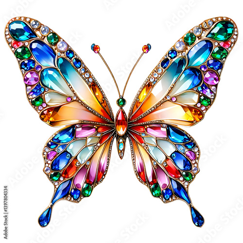 a dazzling butterfly is depicted as if crafted from intricately arranged gemstones and gilded metal, creating a luxurious and ornate design.