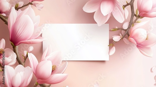 Elegant pink magnolia blossoms with a white card for spring event invitation