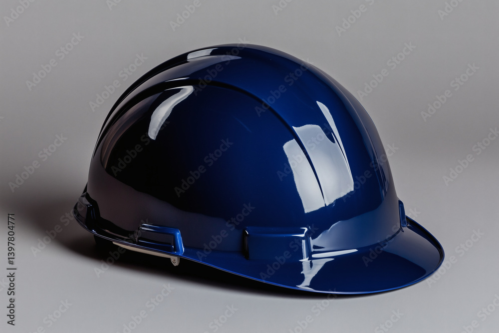 A shiny blue protective hard hat rests on a neutral surface, highlighting its curved shape and smooth finish. A shiny blue protective hard hat rests on a neutral surface, highlighting its curved shape and smooth finish.