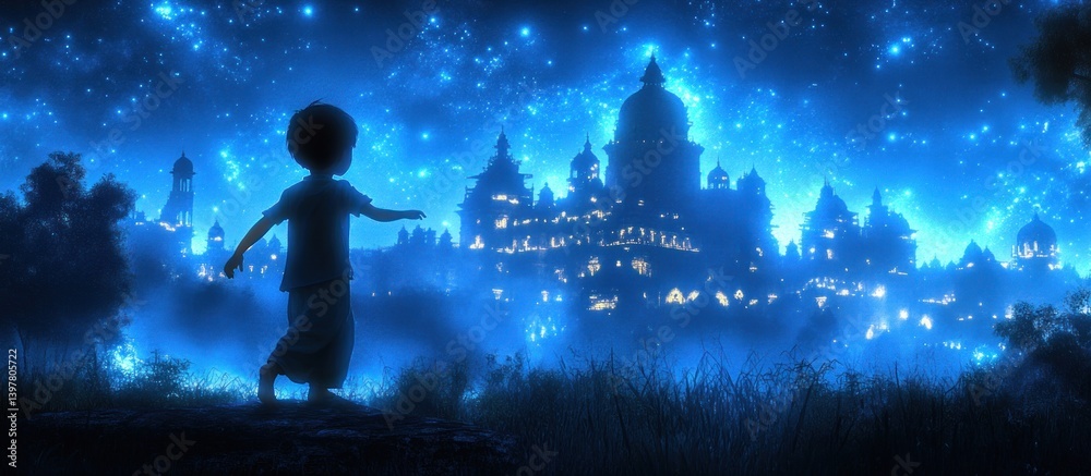 custom made wallpaper toronto digitalA child walks toward a glowing city beneath a starry sky
