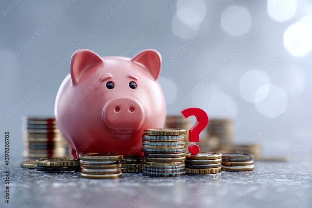 Conceptual image of a piggy bank surrounded by coins and a red sign featuring a question mark