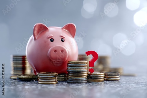 Obraz na płótnie Conceptual image of a piggy bank surrounded by coins and a red sign featuring a question mark w salonie