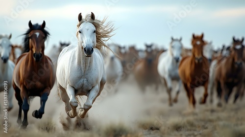 Wild horses galloping across dusty plains, white stallion leading herd of brown and gray horses running at full speed, manes flowing in wind, dramatic action scene.
