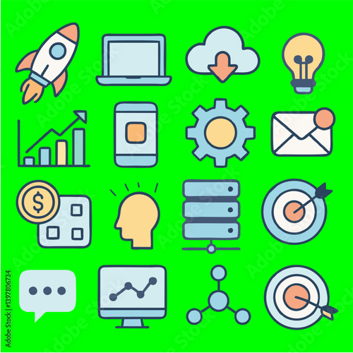 set of icon on green background about startup and technology