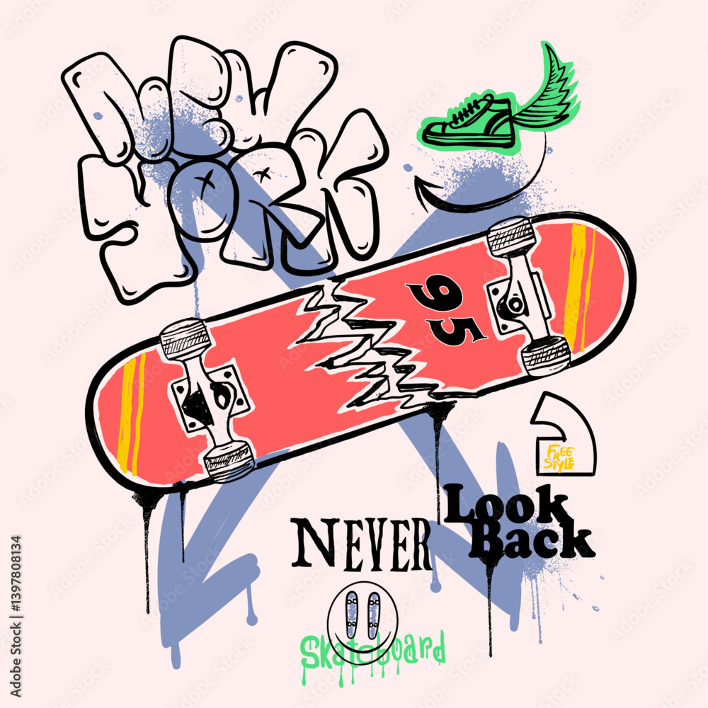 new york grafiti text print design. text with sketing. caliography skate prints.  Skater with skateboard. skete t shirt design. urban skate artwork.
