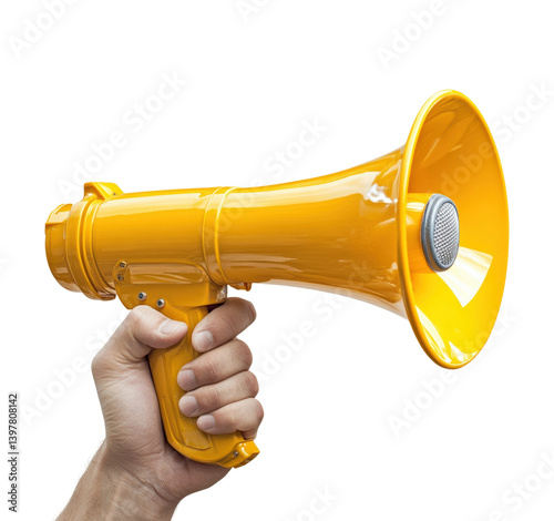 Protest announcement with megaphone urban park daytime isolated on transparent background png