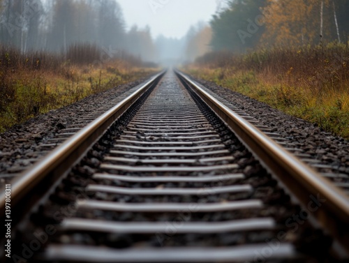 Railway tracks vanishing into the horizon with symmetrical perspective and overcast lighting