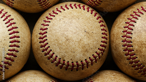 Generative AI, showcasing the gritty and aged texture of old baseballs in a close-up against a nostalgic setting