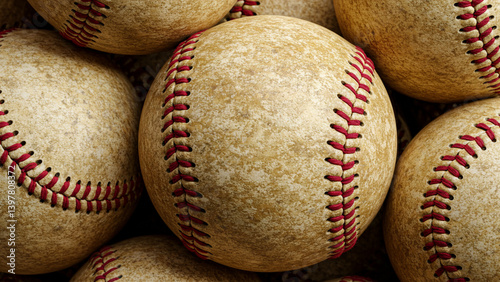 Generative AI, Rough and rugged texture of old baseball balls close up on vintage background