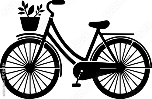 Simple black and white illustration of a bicycle with a basket.