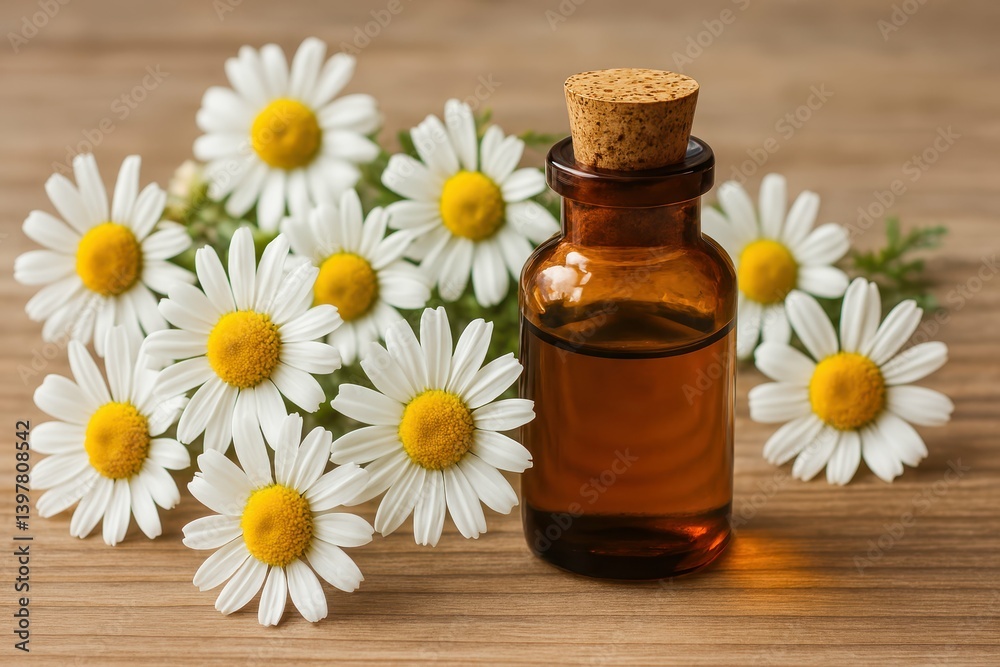 Chamomile Flowers with Essential Oil in Glass Bottle on Wood Surface Chamomile Flowers with Essential Oil in Glass Bottle on Wood Surface