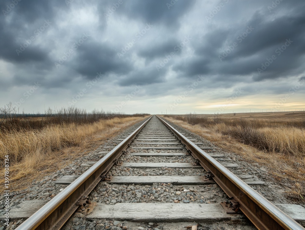 Fototapeta premium Railway tracks vanishing into the horizon with symmetrical perspective and overcast lighting