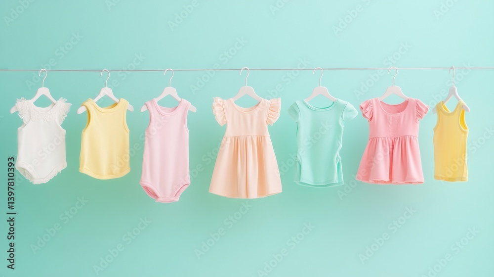 Delicate baby clothing hangers display an array of tiny dresses and shirts on a soft vibrant background for a dreamy, clean aesthetic