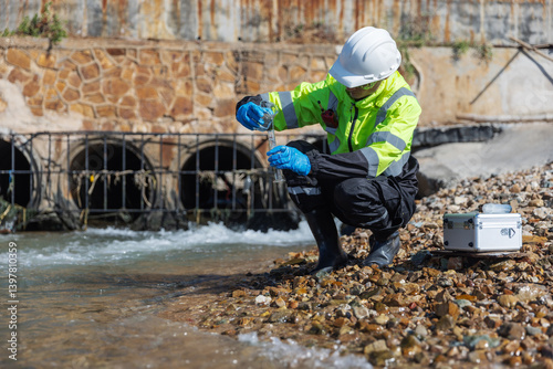 Wallpaper Mural A safety-clad environmental worker collects a water sample from a rocky shoreline near an industrial drainage outlet, using scientific equipment to test for pollutants or contamination. Torontodigital.ca