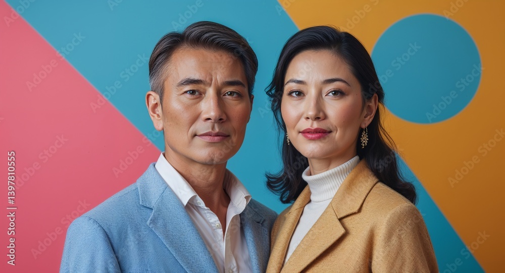Caucasian 40s couple on colorful plain bright background modern chic fashion pose model portrait portrait banner with copy space ad concept marketing Caucasian 40s couple on colorful plain bright background modern chic fashion pose model portrait portrait banner with copy space ad concept marketing
