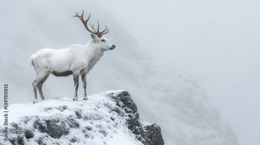 Obraz premium Majestic white stag on snowy mountaintop