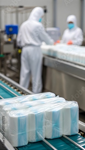 Shrink-Wrapped Hygiene Products on Production Line in Sterile Environment