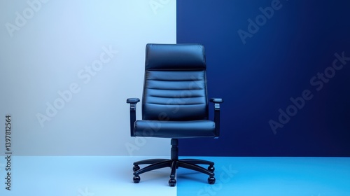 High-back executive leather chair sitting calmly in front of blue and white divided color backdrop